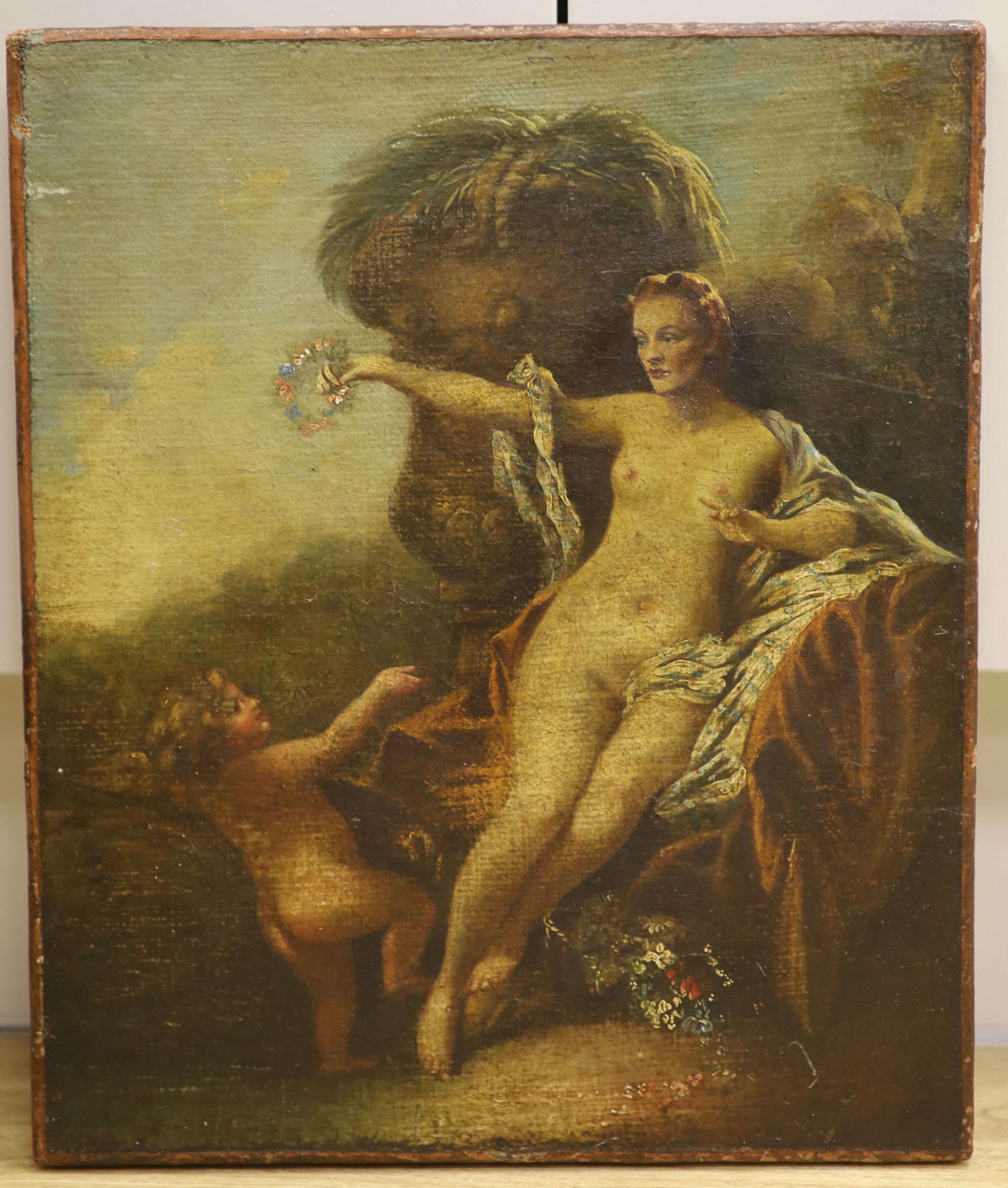 Late 19th century English School, overpainted print laid on canvas, Venus and Cupid, unframed, 34 x 28cm